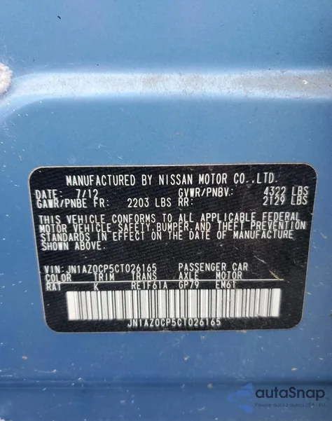 2012 Nissan Leaf Sv z USA, uszkodzony, nr VIN JN1AZ0CP5CT026165